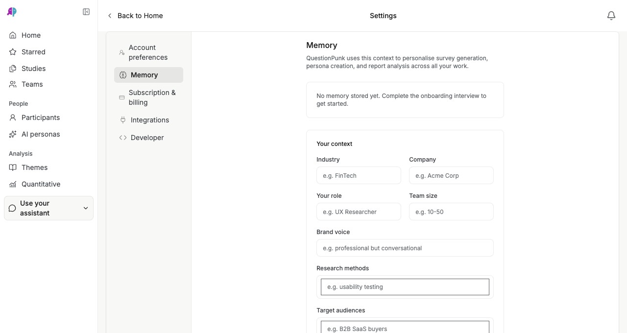 Settings の Memory ページ。Industry、Company、Your role、Team size、Brand voice、Research methods、Target audiences の入力欄が表示されている画面