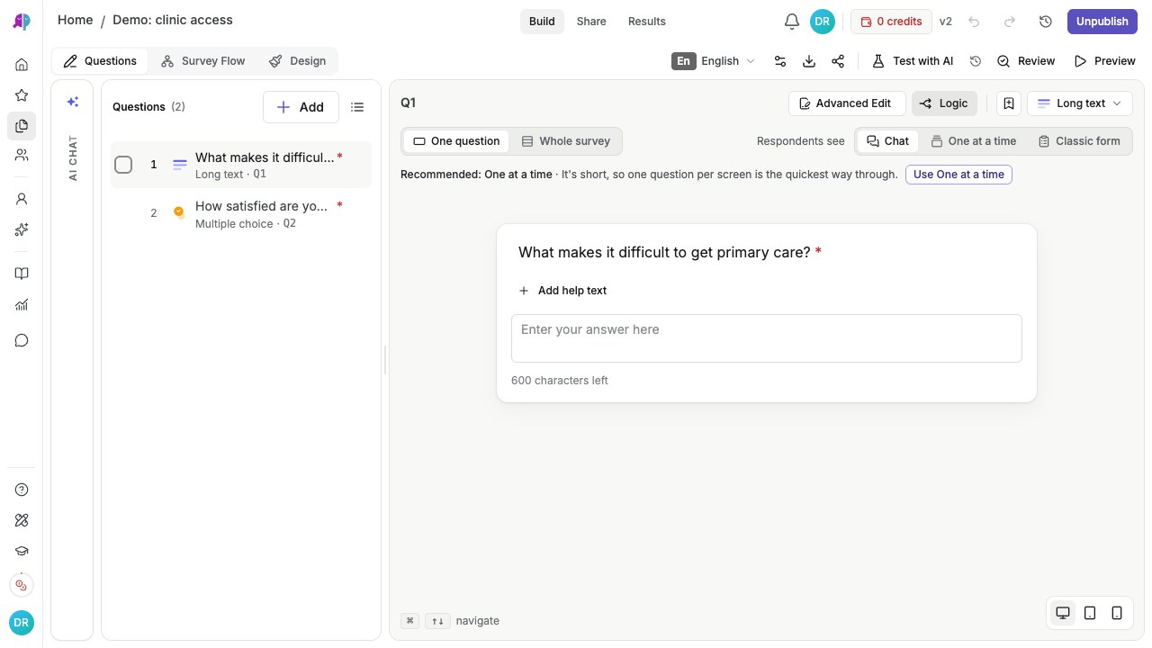 Questions editor showing demo questions, respondent mode selector, Test with AI, and Preview controls