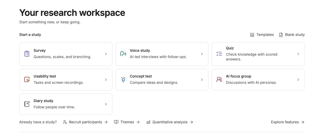 Home Start a study grid with Survey, Templates, Blank study, and other research methods