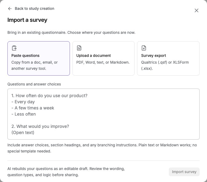 Import a survey dialog with Paste questions, Upload a document, and Survey export choices