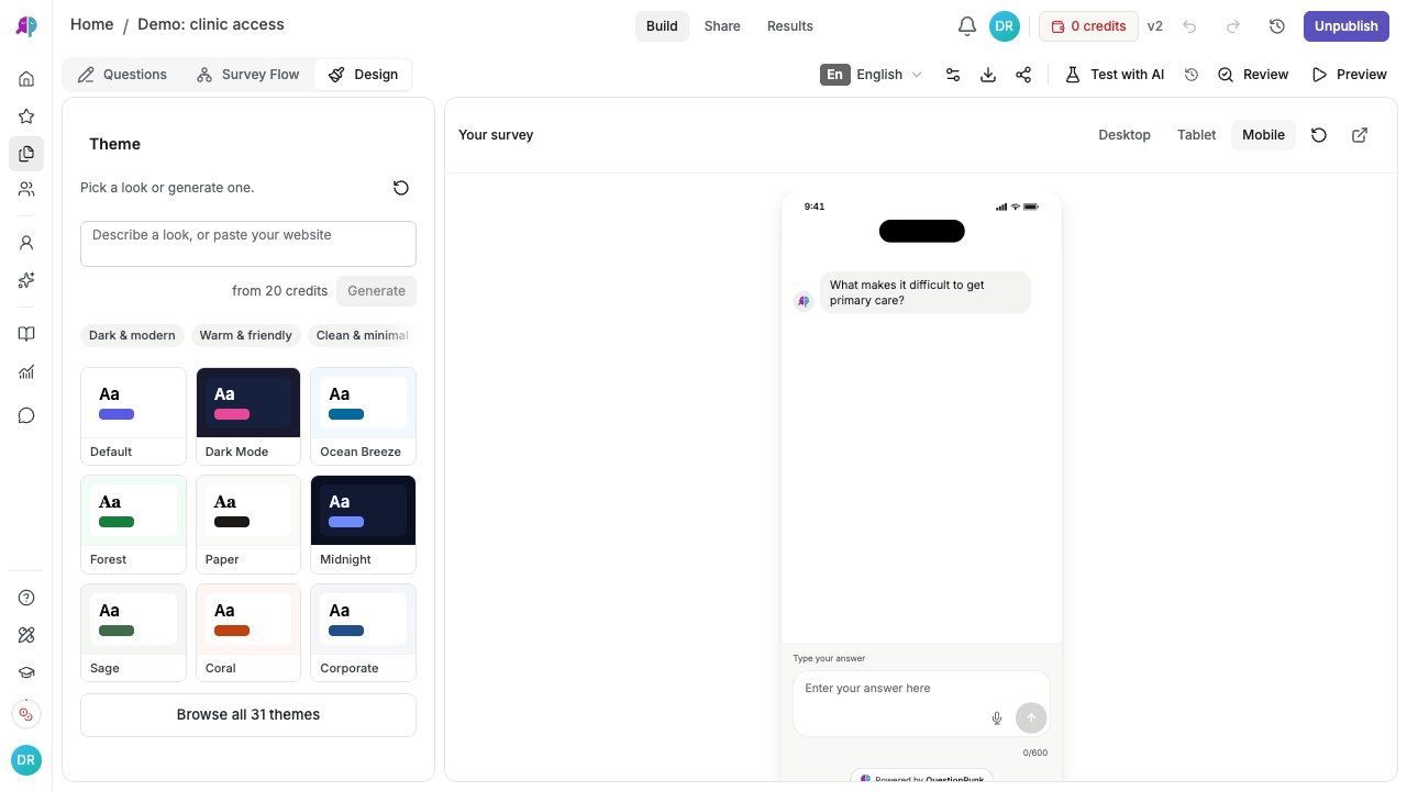 Design panel with a built-in Mobile preview of a fictional open-text question