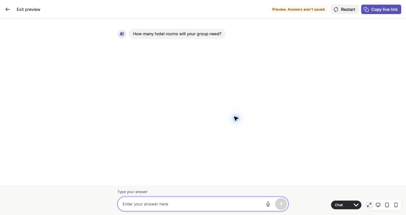 Respondent preview with an unsaved demo answer field and preview mode controls