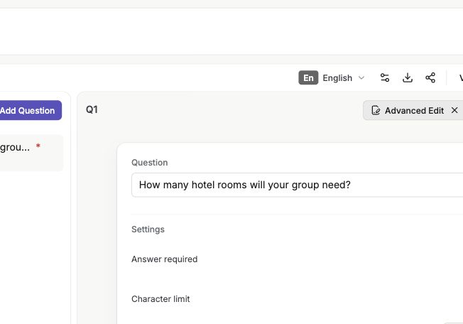 Advanced Edit panel for a short-text question