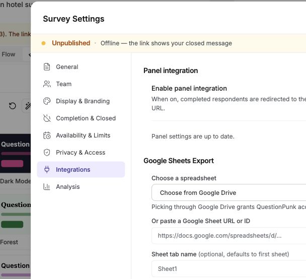Survey Settings Integrations section with tracking pixels and Google Sheets export