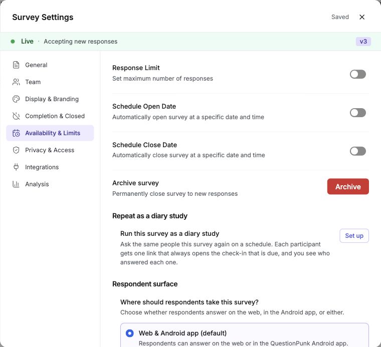 Survey Settings Availability and Limits section with response limit and scheduling