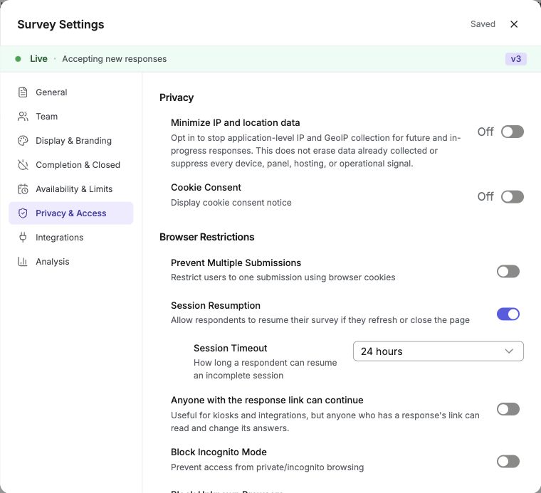 Survey Settings Privacy and Access section with data minimization and session settings