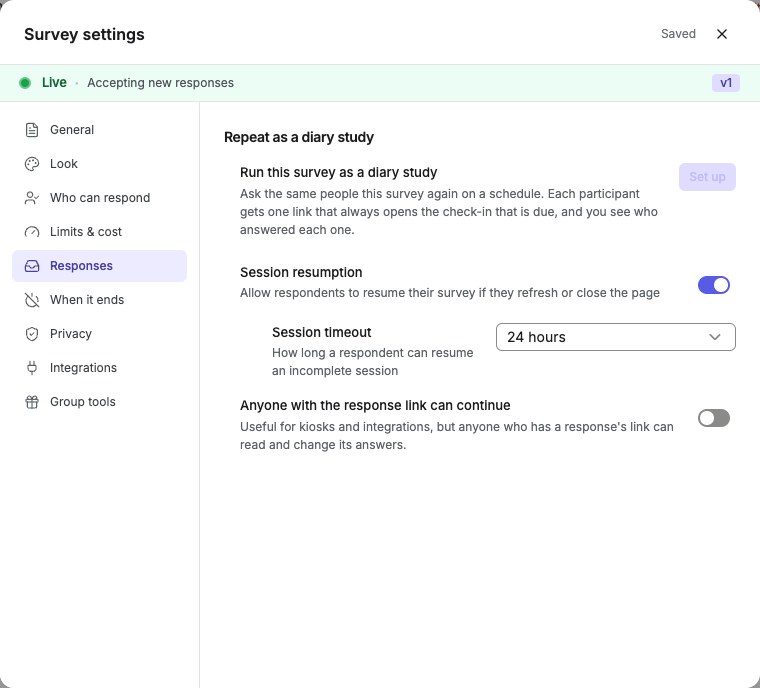 Survey settings Responses tab showing Repeated responses, Respondent links, and Response emails controls