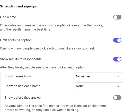 Multiple-choice question settings with Show results to respondents enabled under Scheduling and sign-ups