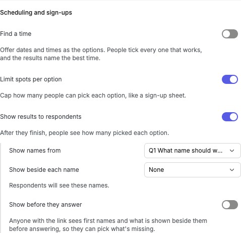 Show names from selector for an optional short-text name question and the respondent visibility warning