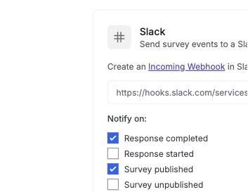 Slack integration form with an empty webhook field and notification event choices