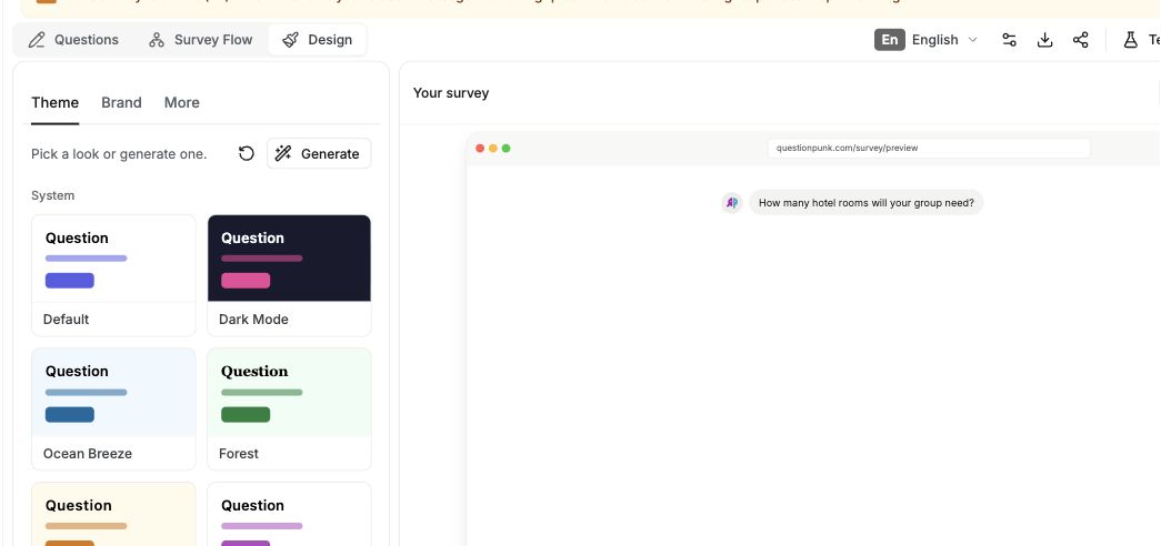 Design panel with theme choices and a survey preview