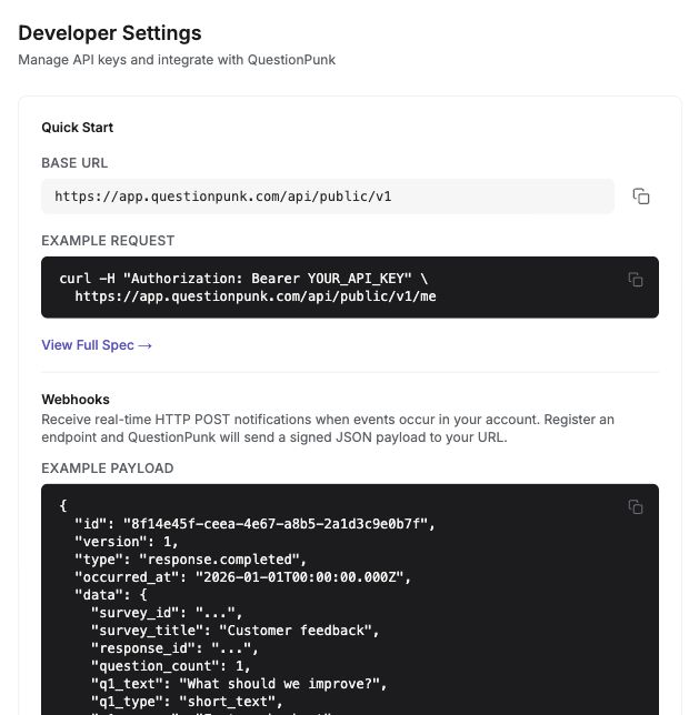 Developer Quick Start with the public API base URL and placeholder authentication example