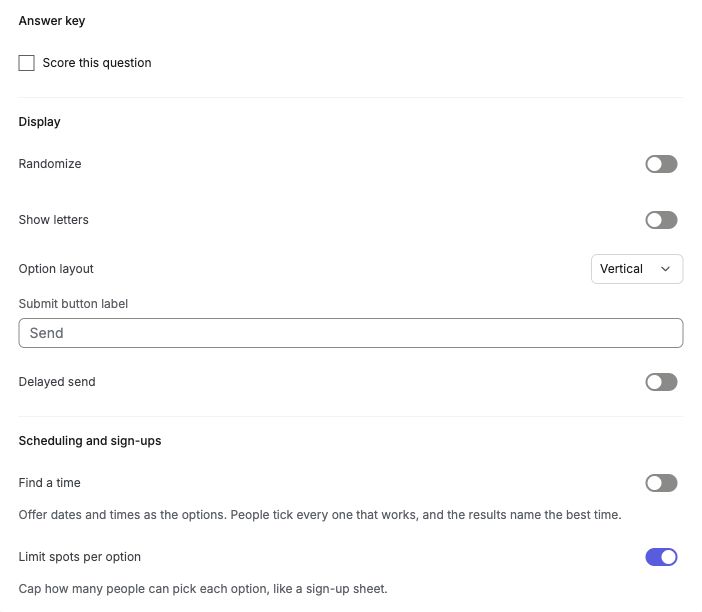 Advanced Edit groups for Answer key, Display, and Scheduling and sign-ups