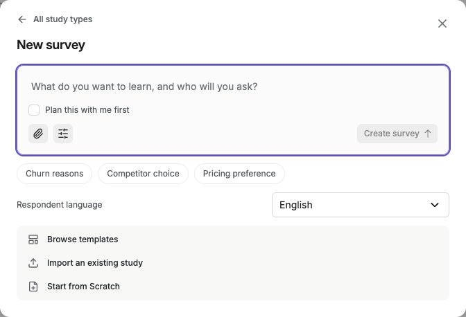 New survey dialog with research prompt, Plan this with me first, language, and import controls