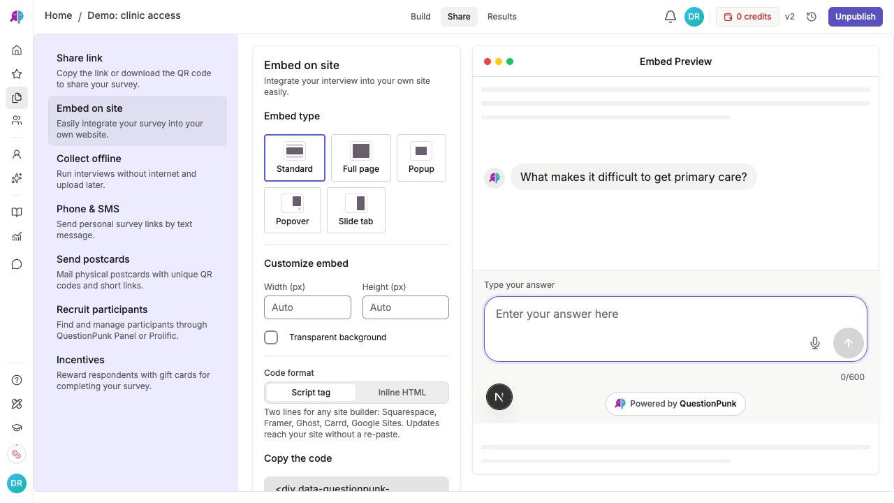 Embed settings with five styles, embed code, and respondent preview