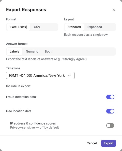 Export Responses dialog with file format, layout, and answer-format controls