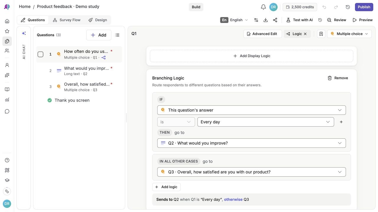 Configured branching rule for a three-question product-feedback demo: Every day goes to Q2, otherwise Q3