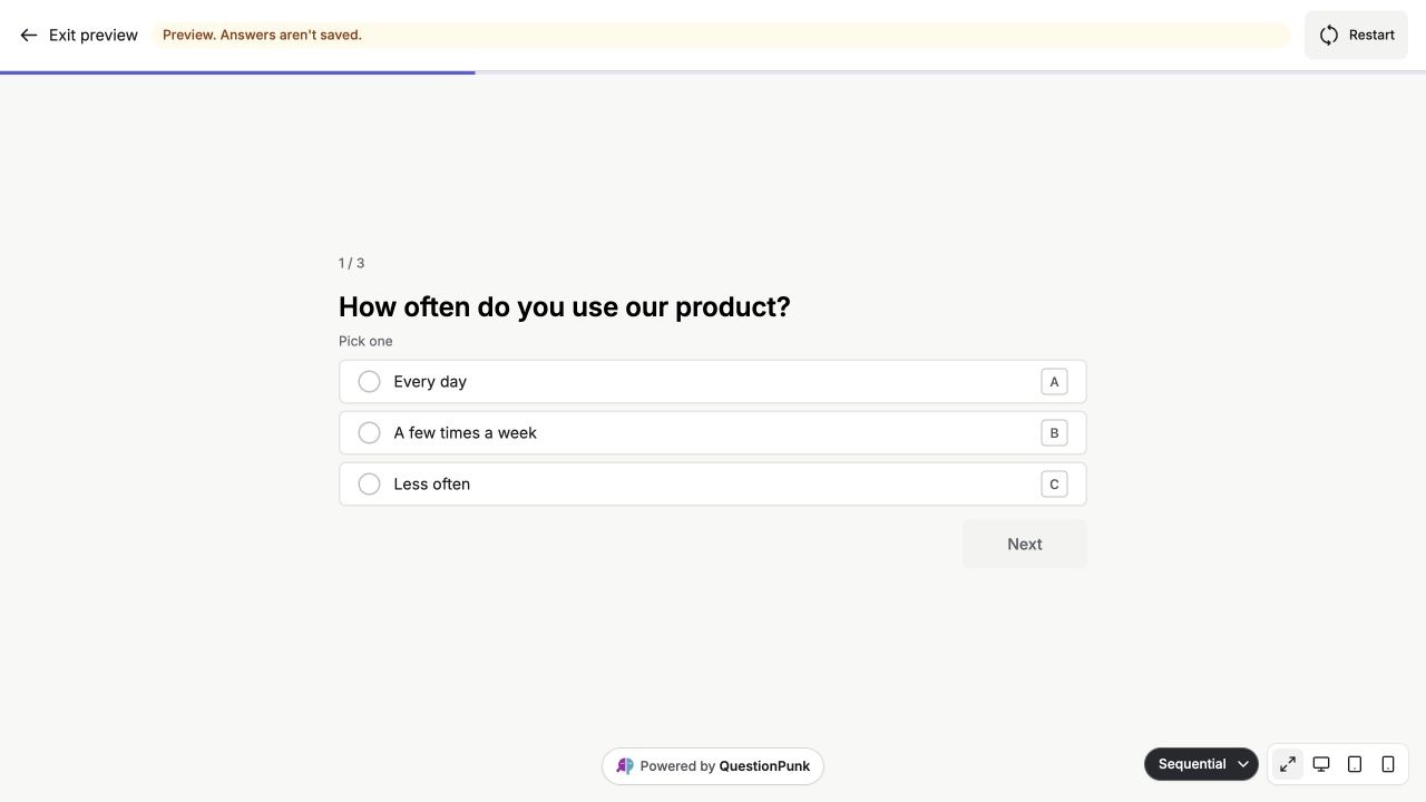 Respondent Preview showing the first multiple-choice question in a fictional product-feedback study