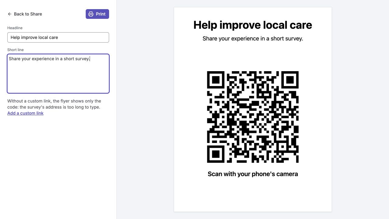 Flyer editor with Headline, Short line, Print, and a live QR preview