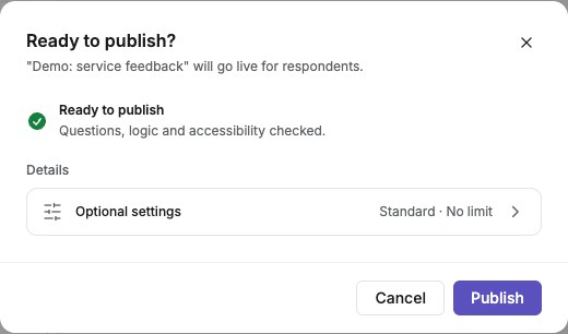 Publish confirmation showing survey settings, response limit, and the Publish button