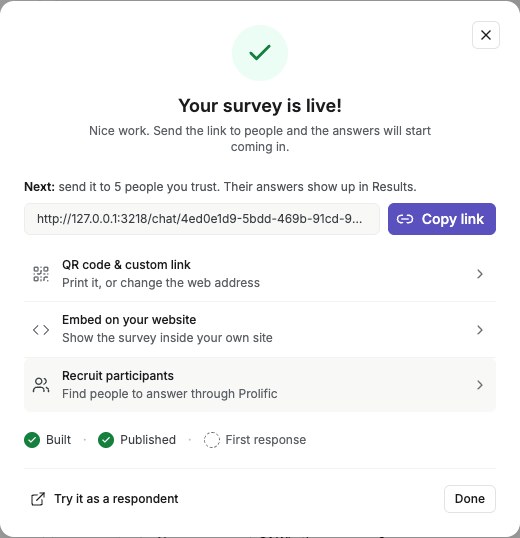 Publication success dialog with the participant link and Copy link button