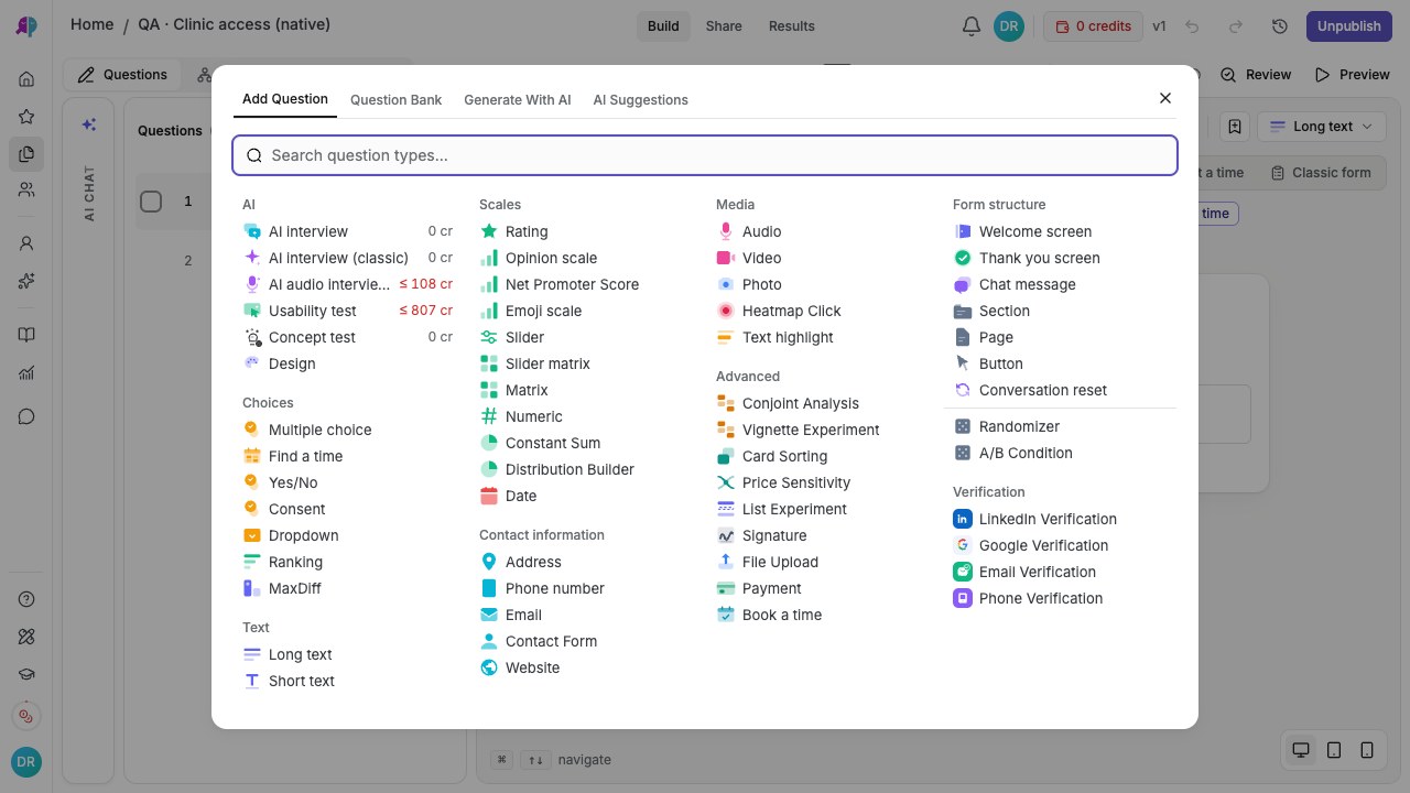 Add Question menu grouped into answer types, AI, media, and form structure