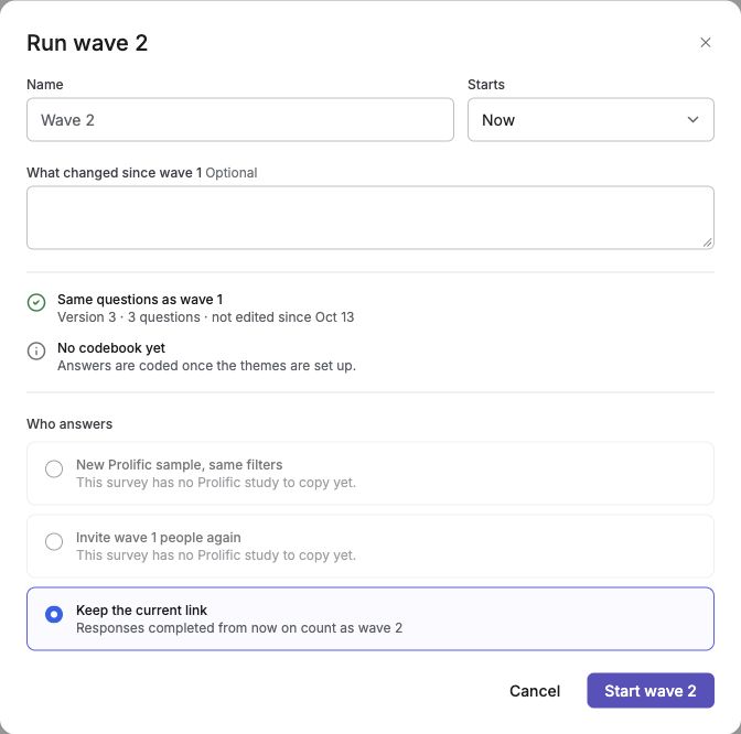 Run wave 2 dialog with Name, Starts, question comparison, and Keep the current link selected