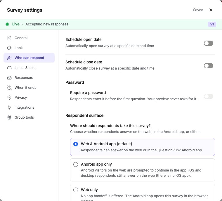 Survey settings Who can respond tab showing Require a password, One response per person, and Schedule controls