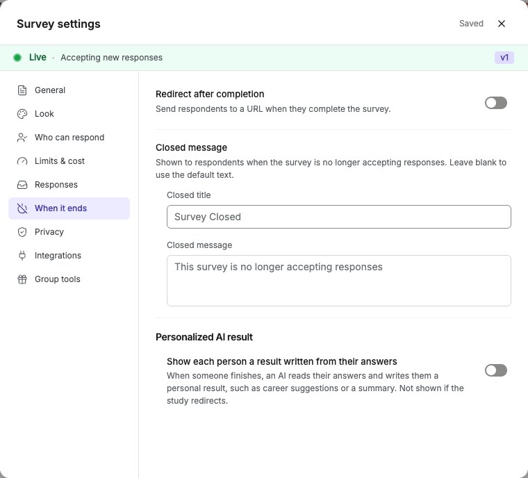 When it ends settings with completion redirect, closed message, and Personalized AI result controls