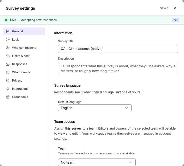 General survey settings with title, description, language, and team access sections