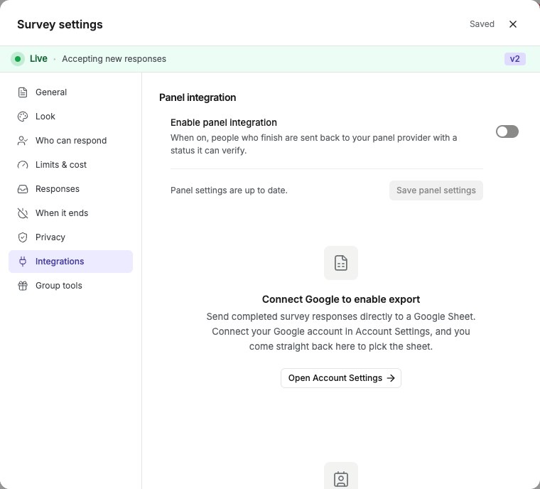 Integrations settings with panel controls and a prompt to connect Google for export
