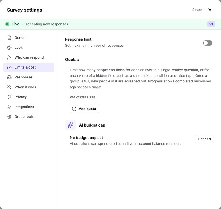 Survey settings Limits & cost tab showing Response limit, Quotas, and AI budget cap controls