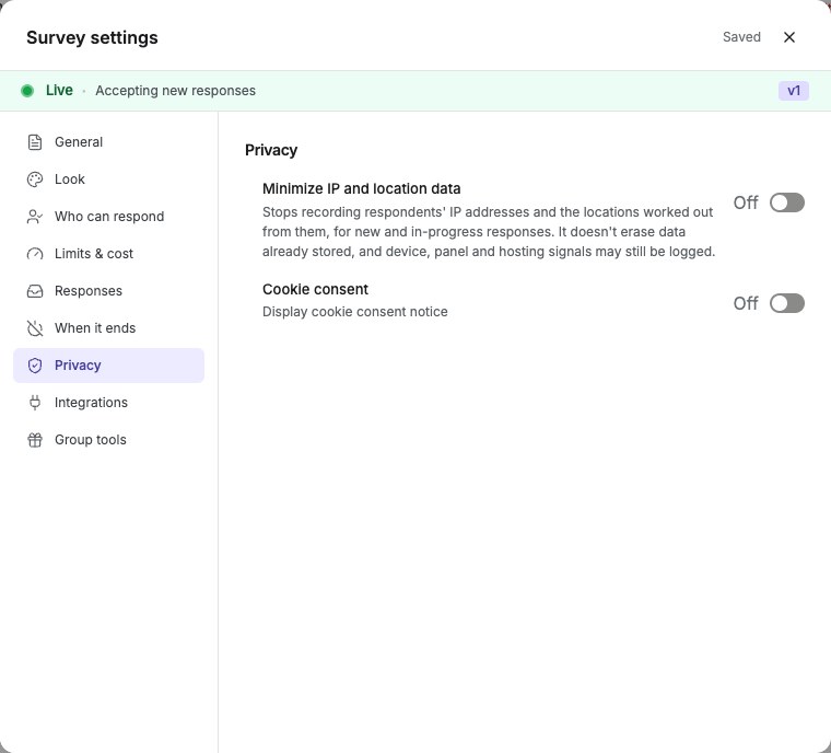 Survey settings Privacy tab showing Minimize IP and location data toggle