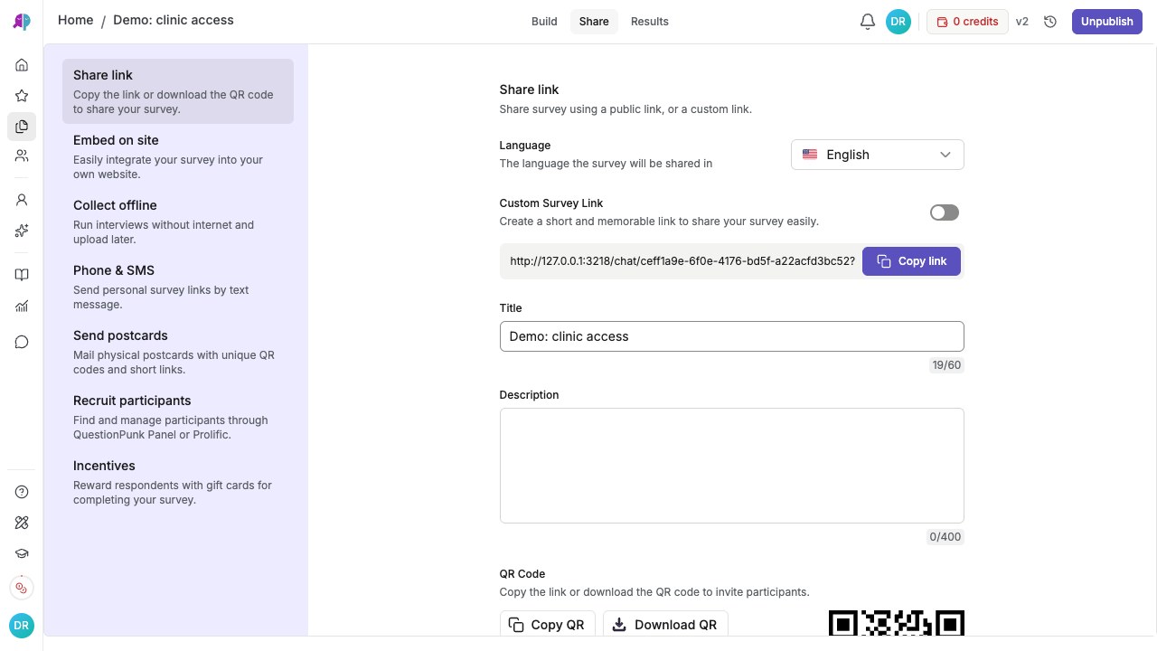 Share link page with language and link controls for a local demo study