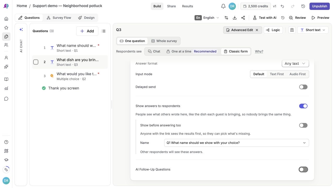 Short Text settings with Show answers to respondents enabled, a name question selected, and Show before answering too off