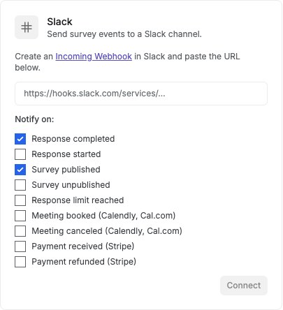Slack integration form with an empty webhook field and notification event choices