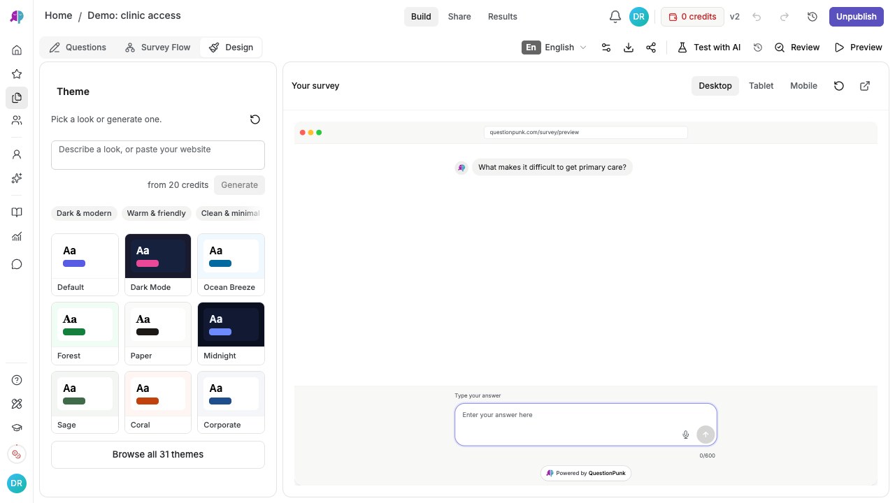 Design panel with theme choices and a survey preview