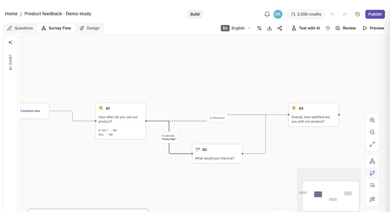 Survey Flow showing three product-feedback questions with an Every day branch through Q2 and a fallback directly to Q3