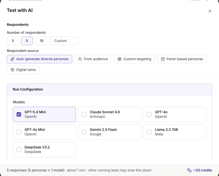 Test with AI configuration and pre-run review showing model choices, response count, estimated credits, and Start Run