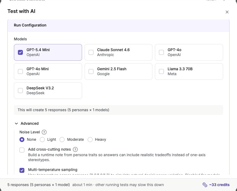 Test with AI configuration and pre-run review showing model choices, response count, estimated credits, and Start Run