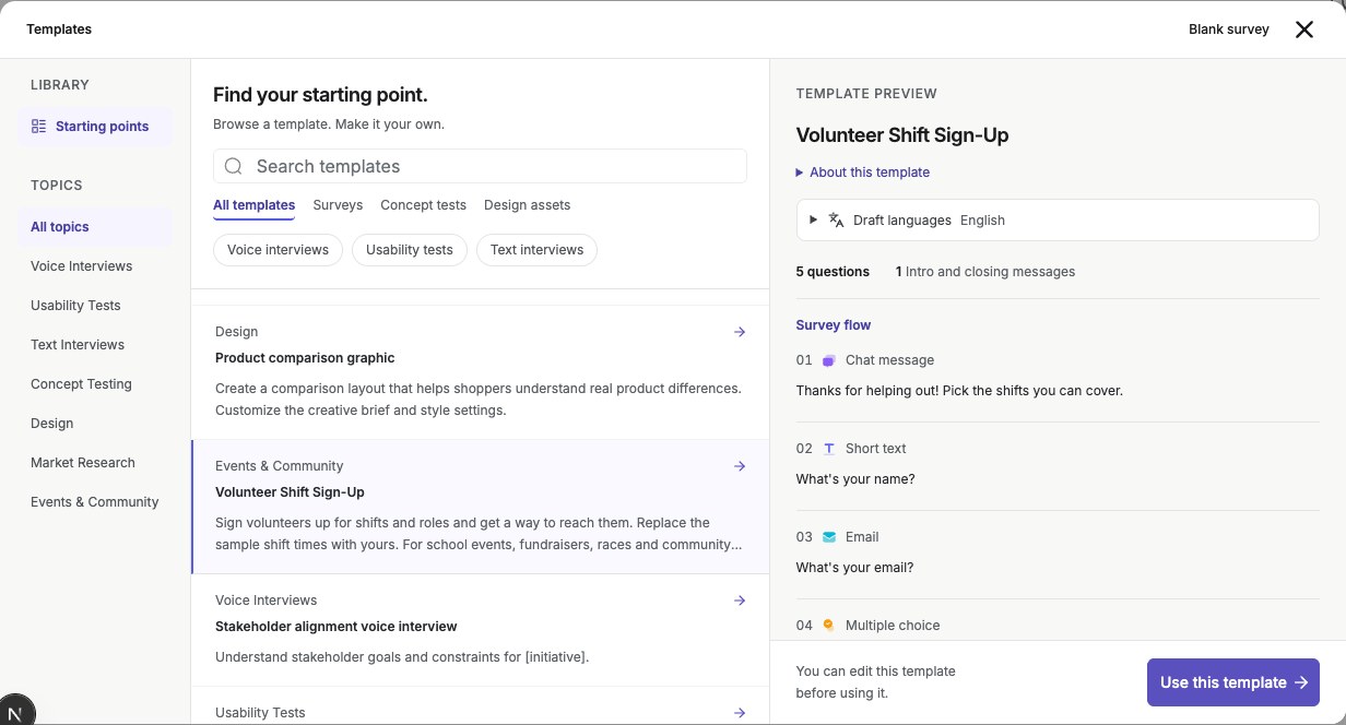 Templates dialog with Volunteer Shift Sign-Up selected and its question flow displayed
