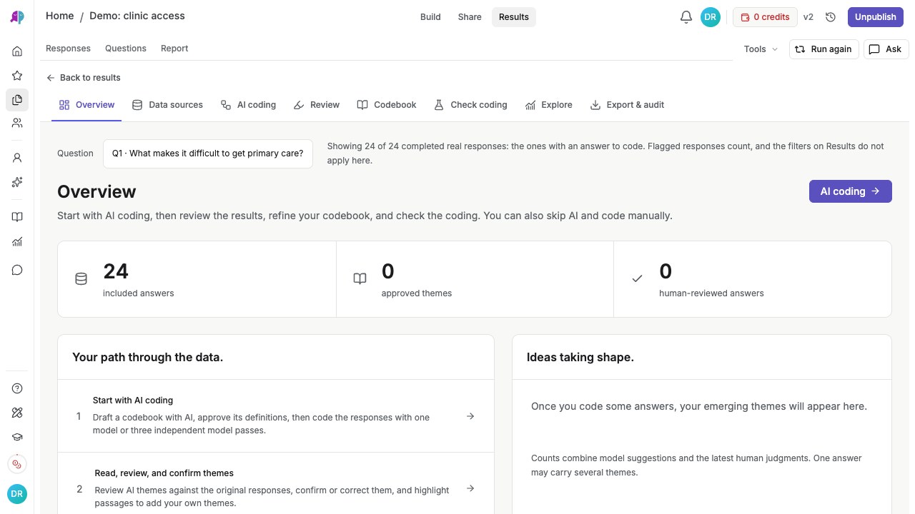 Themes workspace with 24 included demo answers and no approved themes