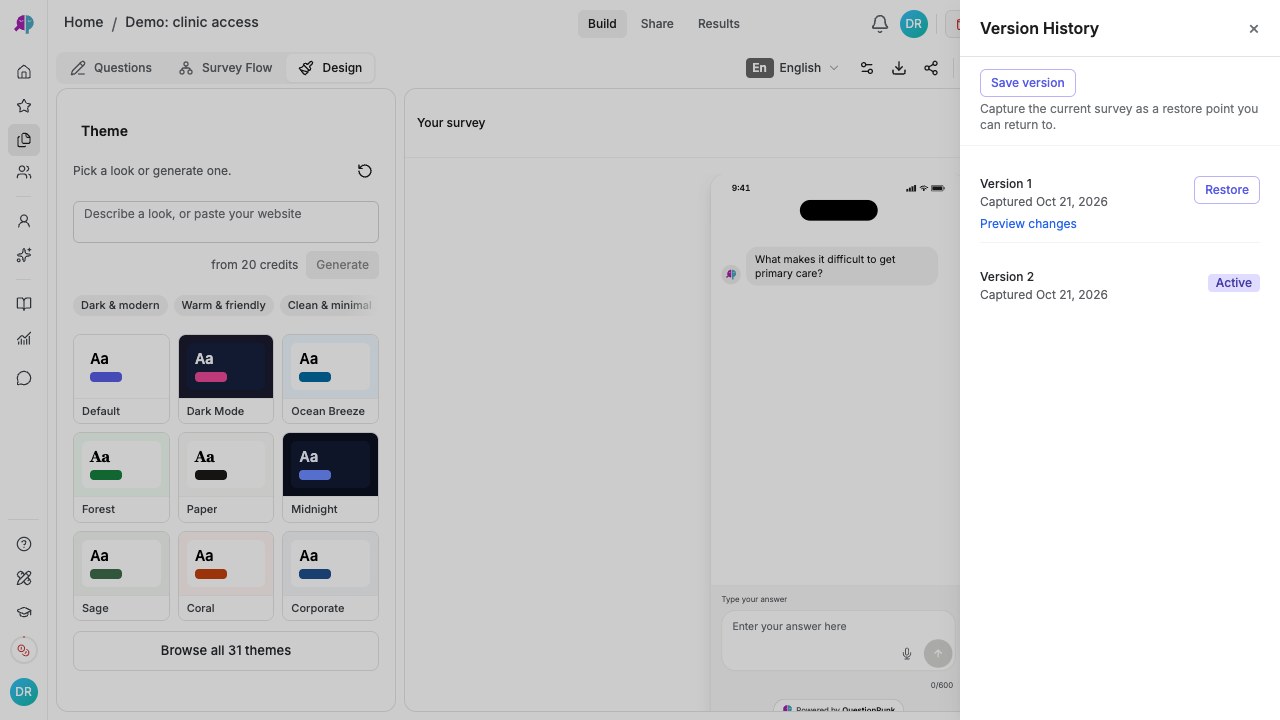 Version History drawer with Save version and saved demo versions